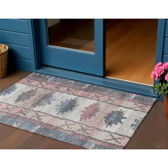 Denim Blue And Blush Tribal Washable Indoor Outdoor Area Rug Photo 2