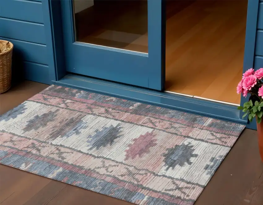 Denim Blue And Blush Tribal Washable Indoor Outdoor Area Rug Photo 2