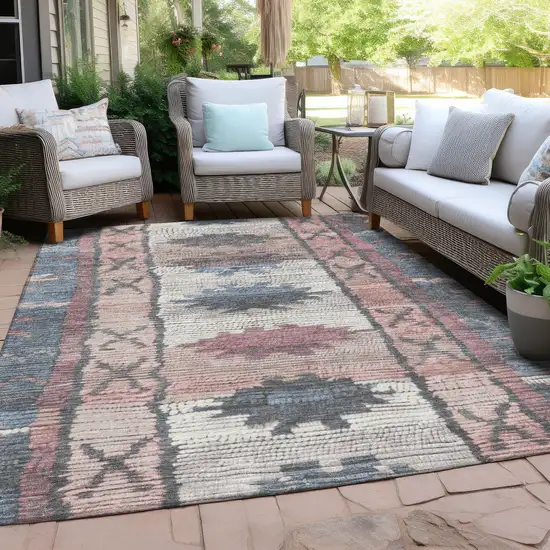 Denim Blue And Blush Tribal Washable Indoor Outdoor Area Rug Photo 5
