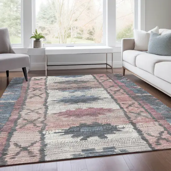 Denim Blue And Blush Tribal Washable Indoor Outdoor Area Rug Photo 7