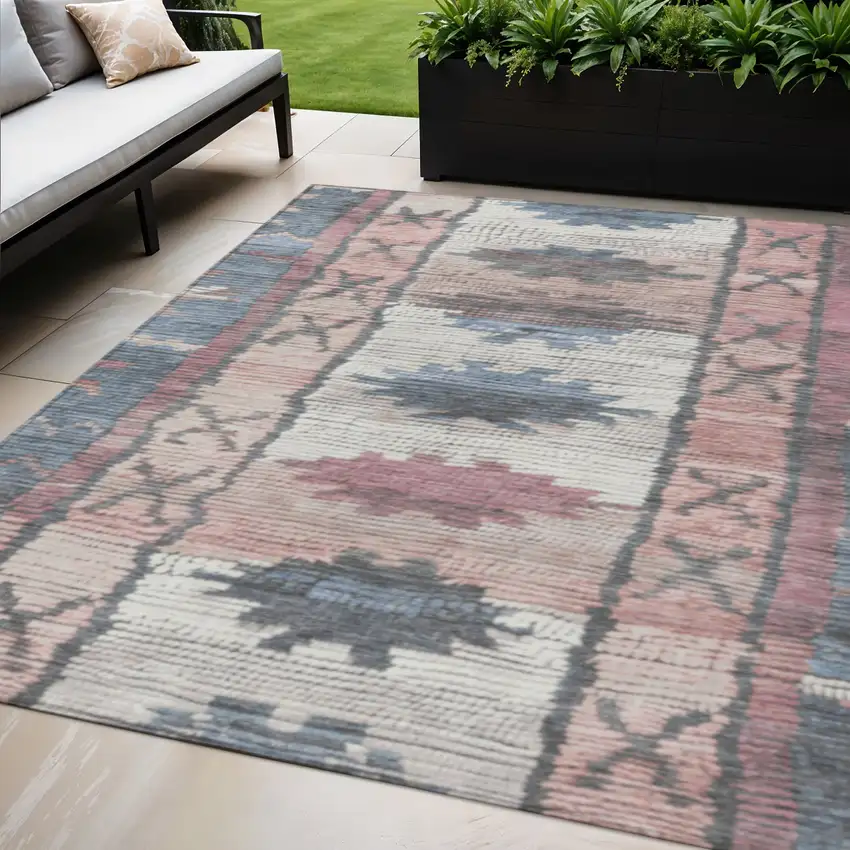 Denim Blue And Blush Tribal Washable Indoor Outdoor Area Rug Photo 2