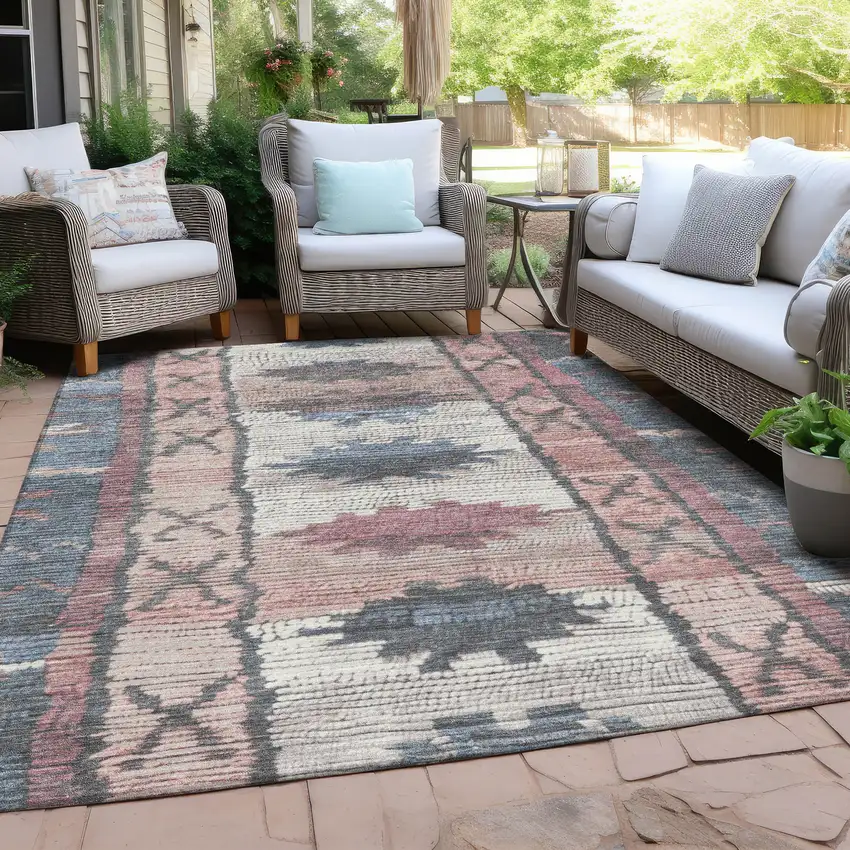 Denim Blue And Blush Tribal Washable Indoor Outdoor Area Rug Photo 5