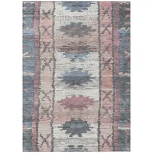 Photo of Denim Blue And Blush Tribal Washable Indoor Outdoor Area Rug