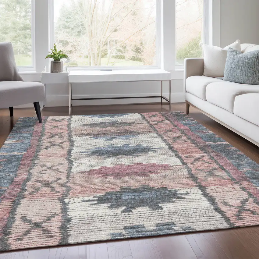 Denim Blue And Blush Tribal Washable Indoor Outdoor Area Rug Photo 7