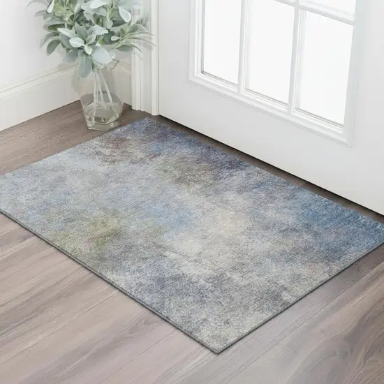 Denim Blue And Brown Abstract Washable Area Rug With UV Protection Photo 2