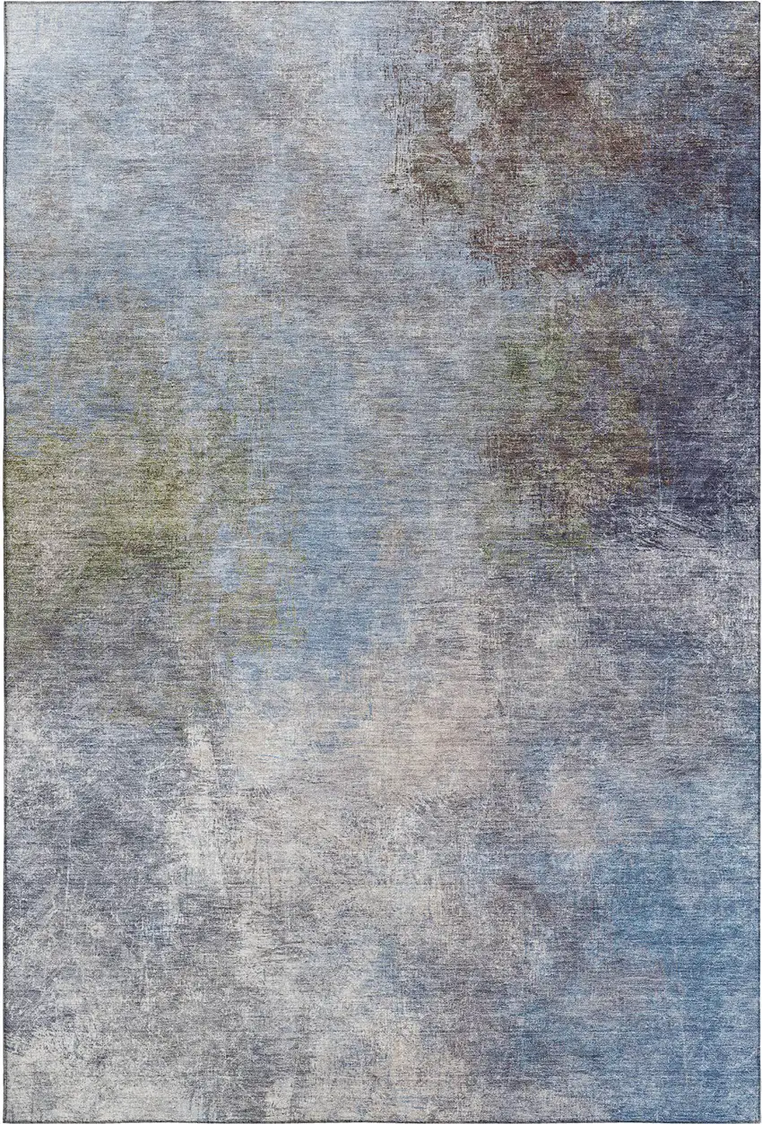 Denim Blue And Brown Abstract Washable Area Rug With UV Protection Photo 1