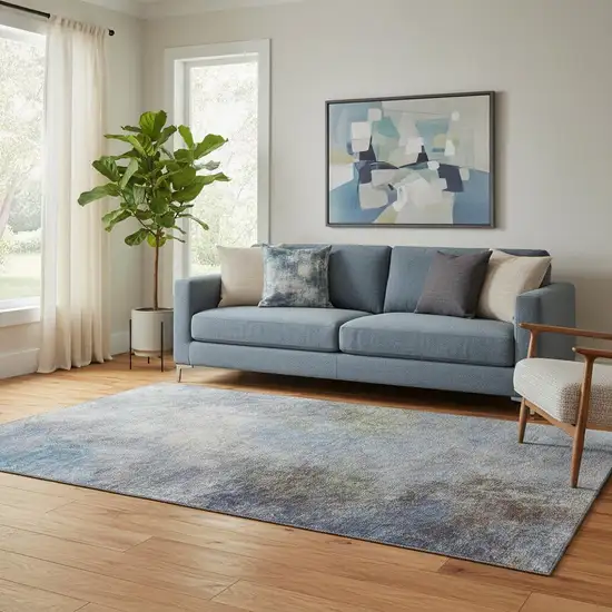 Denim Blue And Brown Abstract Washable Area Rug With UV Protection Photo 2