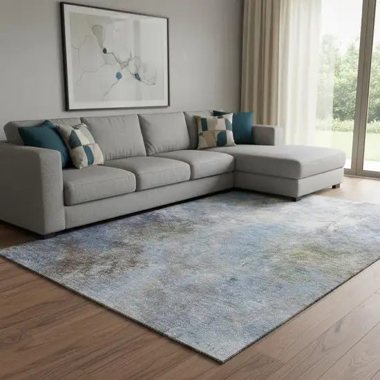 Denim Blue And Brown Abstract Washable Area Rug With UV Protection Photo 2
