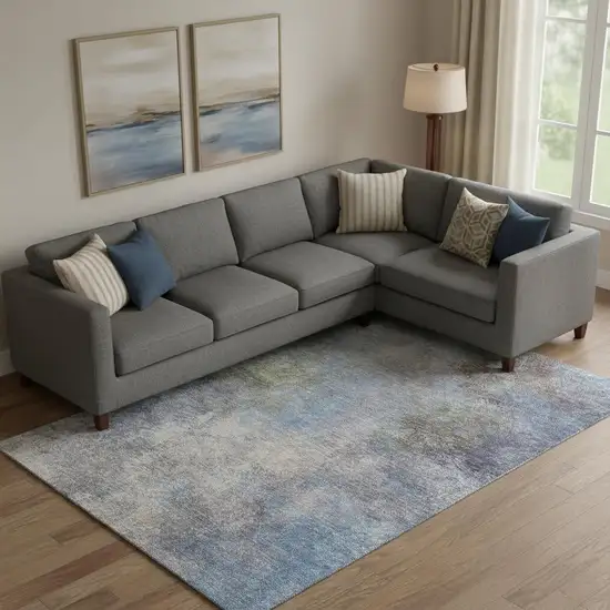 Denim Blue And Brown Abstract Washable Area Rug With UV Protection Photo 2