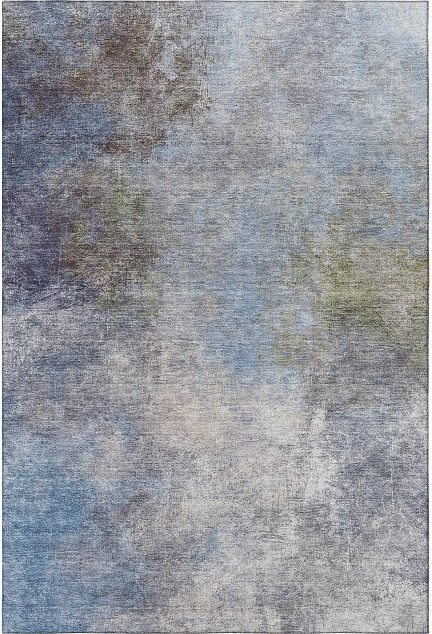 Denim Blue And Brown Abstract Washable Area Rug With UV Protection Photo 3