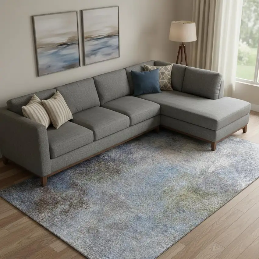 Denim Blue And Brown Abstract Washable Area Rug With UV Protection Photo 2