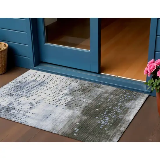 Denim Blue And Brown Geometric Washable Indoor Outdoor Area Rug Photo 2