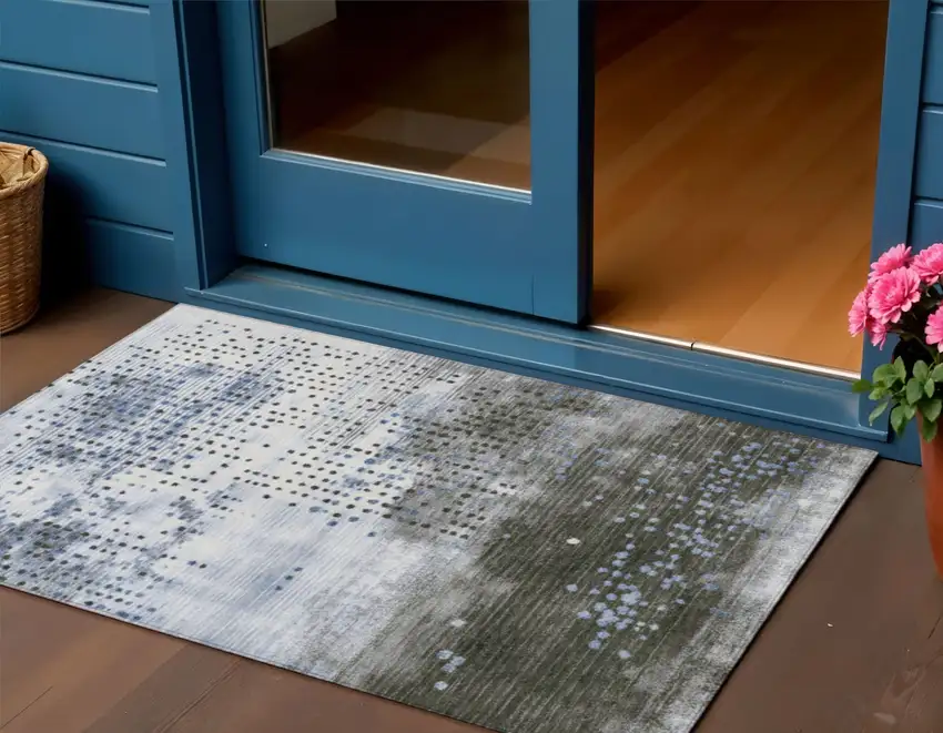 Denim Blue And Brown Geometric Washable Indoor Outdoor Area Rug Photo 2