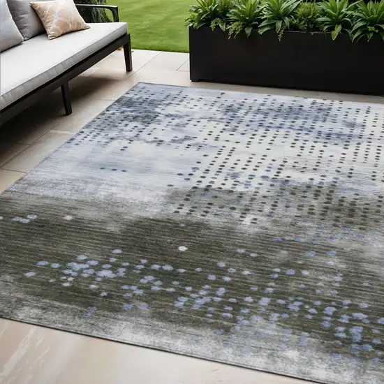 Denim Blue And Brown Geometric Washable Indoor Outdoor Area Rug Photo 2