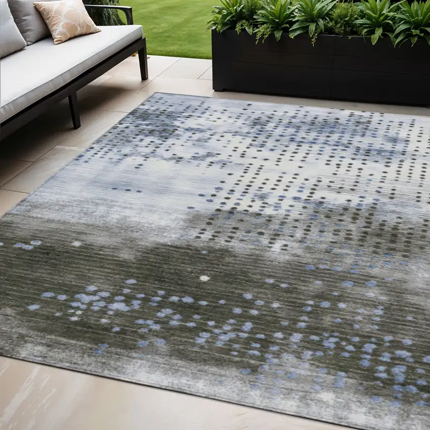 Denim Blue And Brown Geometric Washable Indoor Outdoor Area Rug Photo 2