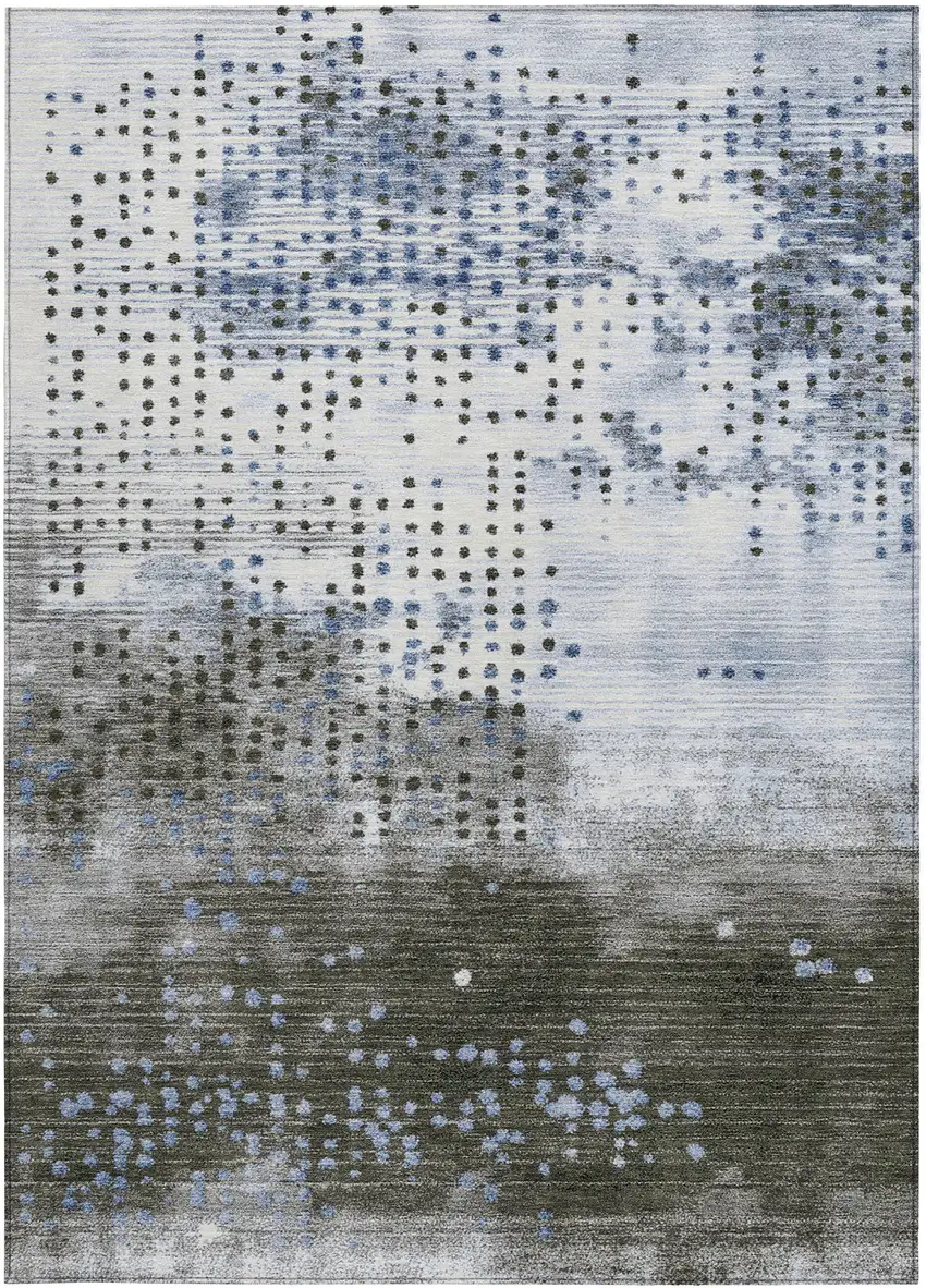 Denim Blue And Brown Geometric Washable Indoor Outdoor Area Rug Photo 1