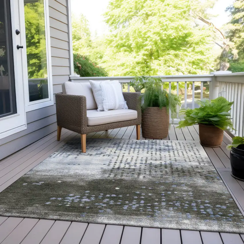 Denim Blue And Brown Geometric Washable Indoor Outdoor Area Rug Photo 7