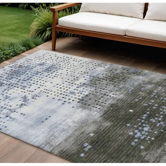 Denim Blue And Brown Geometric Washable Indoor Outdoor Area Rug Photo 2