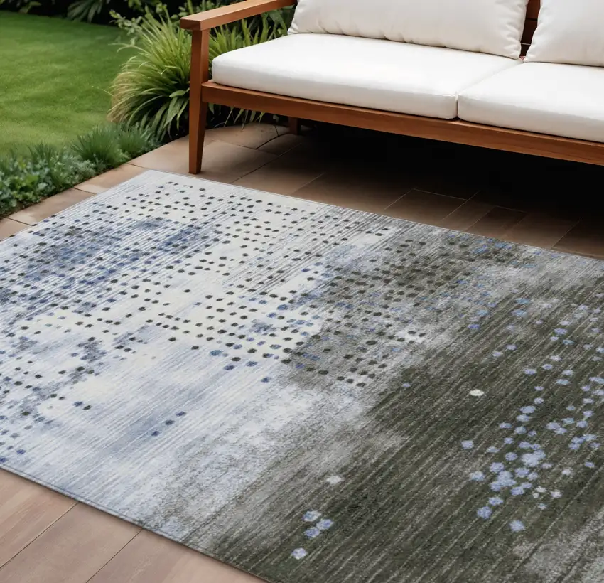Denim Blue And Brown Geometric Washable Indoor Outdoor Area Rug Photo 2