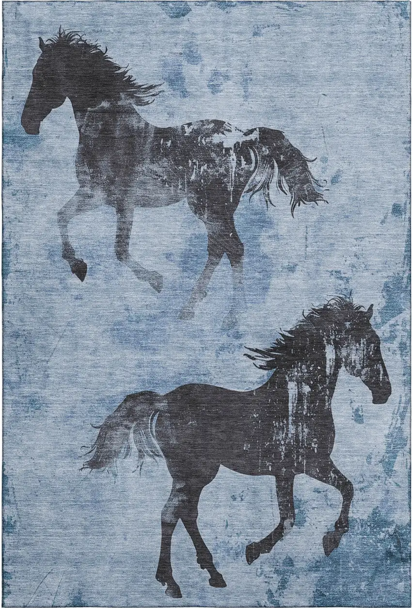 Denim Blue And Charcoal Animal Print Washable Area Rug With UV Protection Photo 5