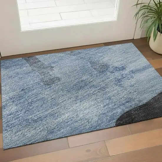 Denim Blue And Charcoal Animal Print Washable Area Rug With UV Protection Photo 2