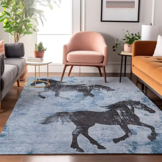 Denim Blue And Charcoal Animal Print Washable Area Rug With UV Protection Photo 4