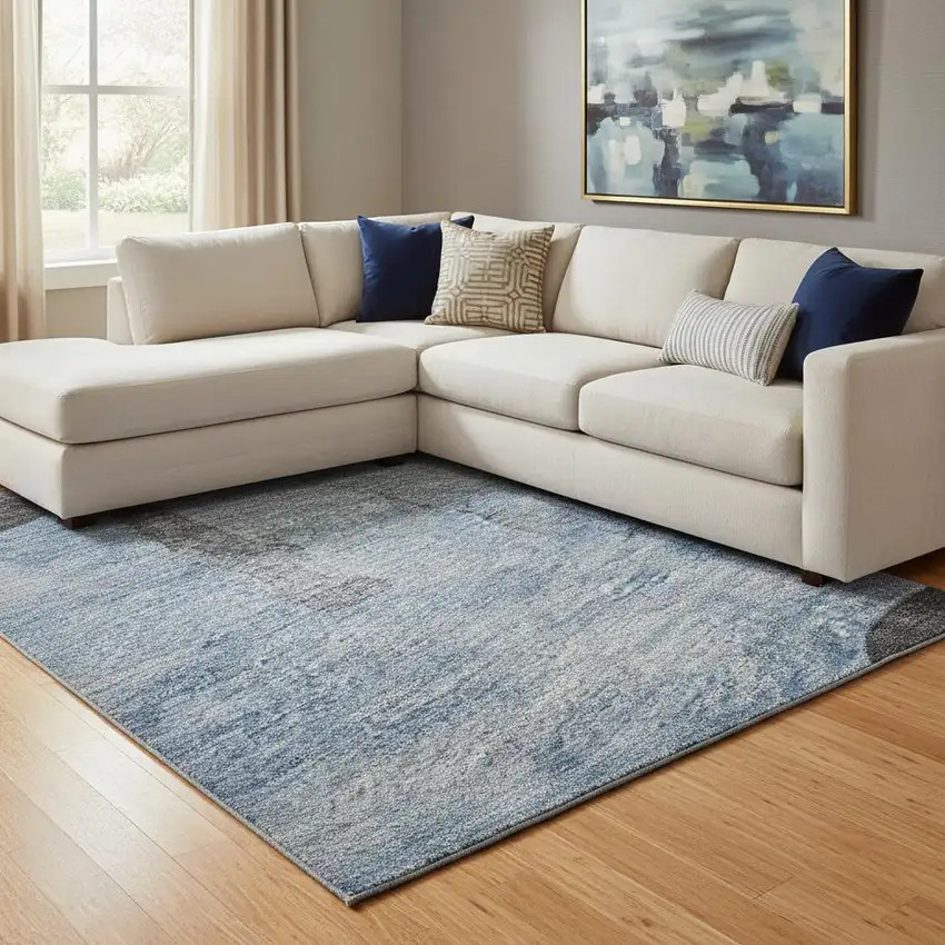 Denim Blue And Charcoal Animal Print Washable Area Rug With UV Protection Photo 2