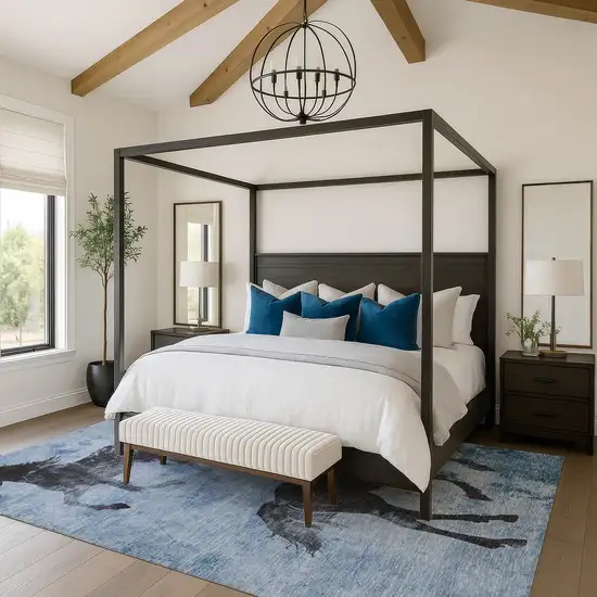 Denim Blue And Charcoal Animal Print Washable Area Rug With UV Protection Photo 3