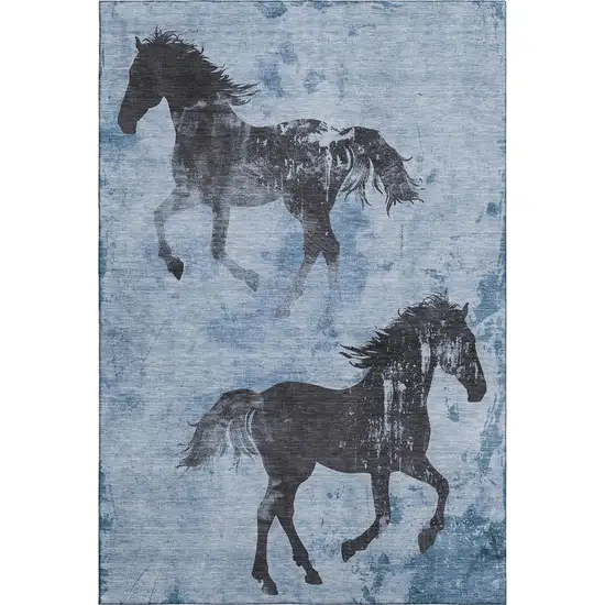 Denim Blue And Charcoal Animal Print Washable Area Rug With UV Protection Photo 5