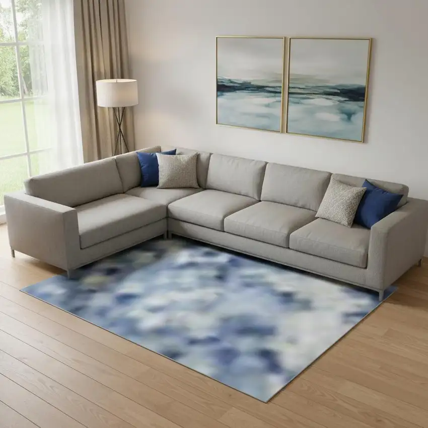 Denim Blue And Charcoal Animal Print Washable Area Rug With UV Protection Photo 2