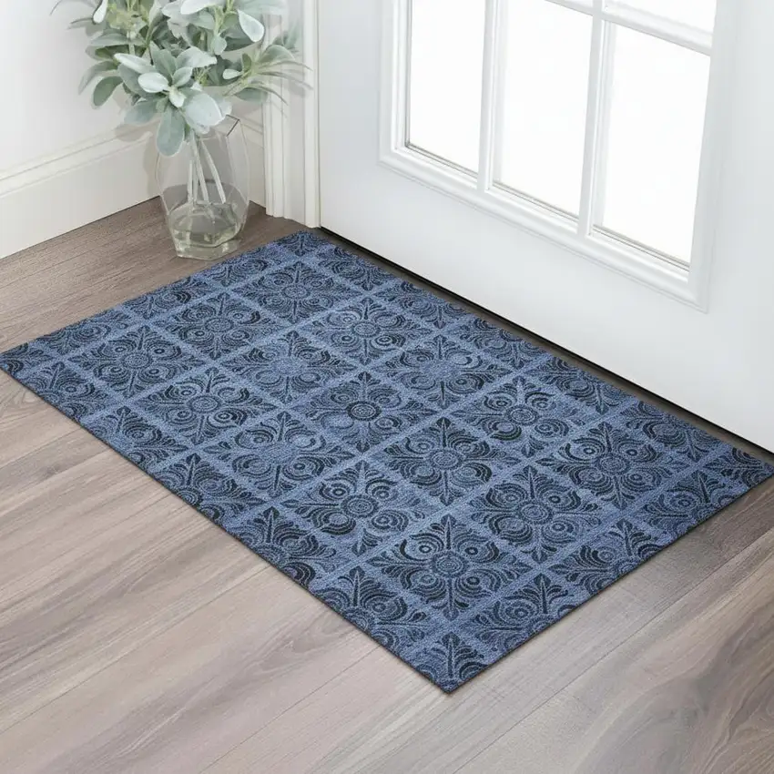 Denim Blue And Charcoal Medallion Washable Area Rug With UV Protection Photo 1