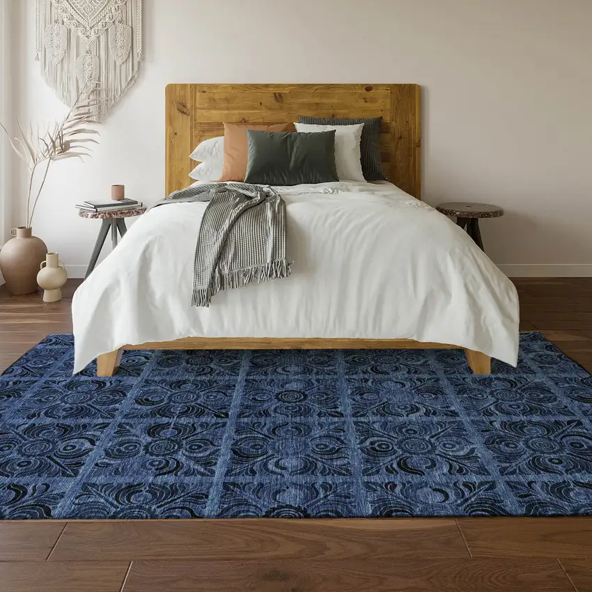 Denim Blue And Charcoal Medallion Washable Area Rug With UV Protection Photo 5
