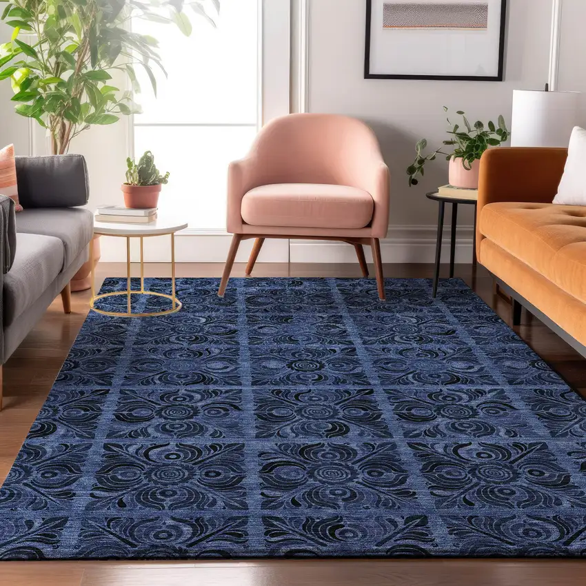 Denim Blue And Charcoal Medallion Washable Area Rug With UV Protection Photo 4