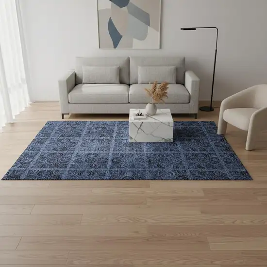 Denim Blue And Charcoal Medallion Washable Area Rug With UV Protection Photo 2