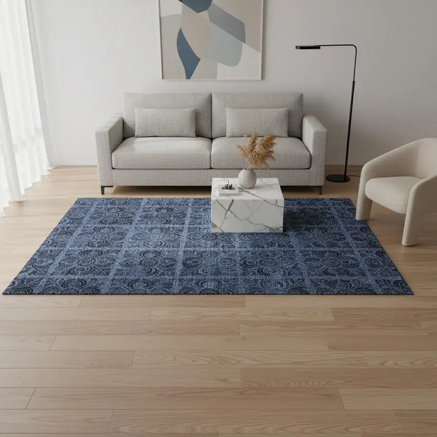 Denim Blue And Charcoal Medallion Washable Area Rug With UV Protection Photo 2