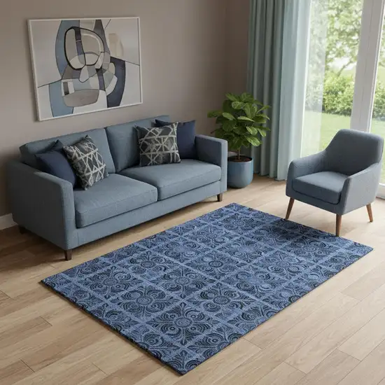 Denim Blue And Charcoal Medallion Washable Area Rug With UV Protection Photo 1