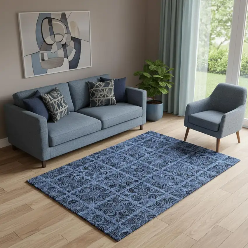 Denim Blue And Charcoal Medallion Washable Area Rug With UV Protection Photo 1