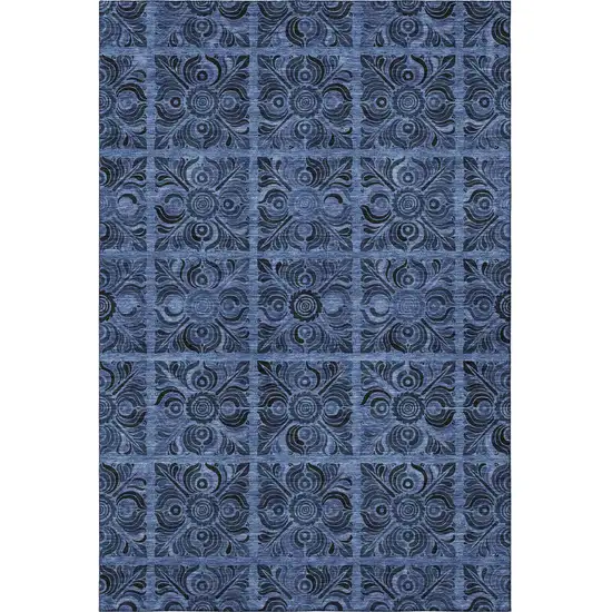 Denim Blue And Charcoal Medallion Washable Area Rug With UV Protection Photo 3
