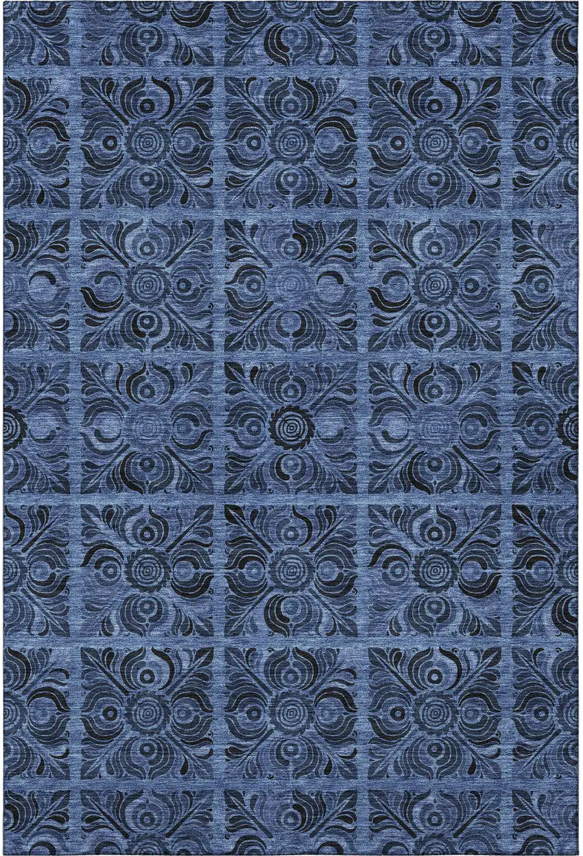Denim Blue And Charcoal Medallion Washable Area Rug With UV Protection Photo 3