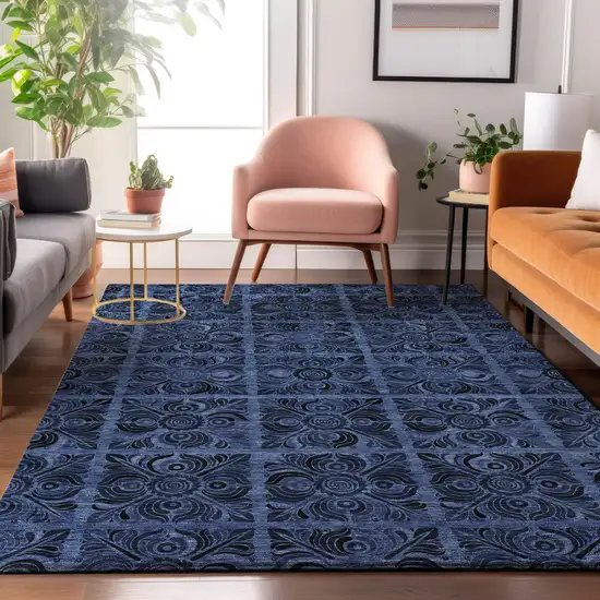 Denim Blue And Charcoal Medallion Washable Area Rug With UV Protection Photo 5