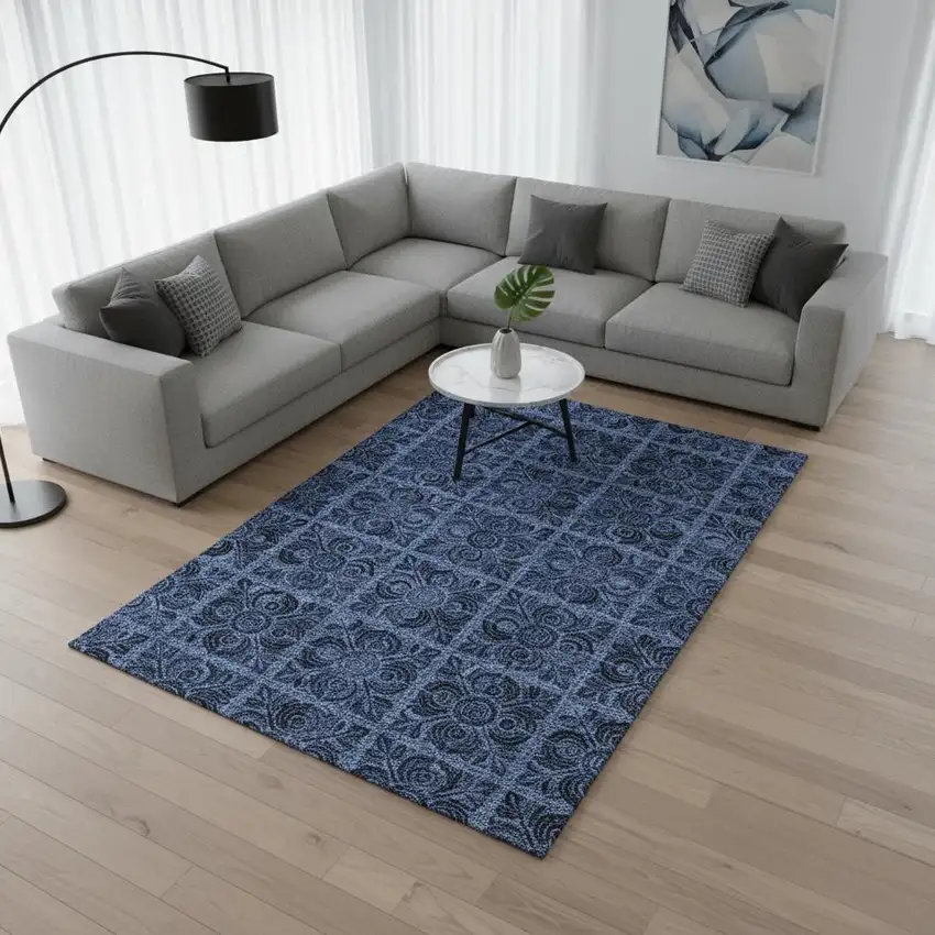 Denim Blue And Charcoal Medallion Washable Area Rug With UV Protection Photo 2