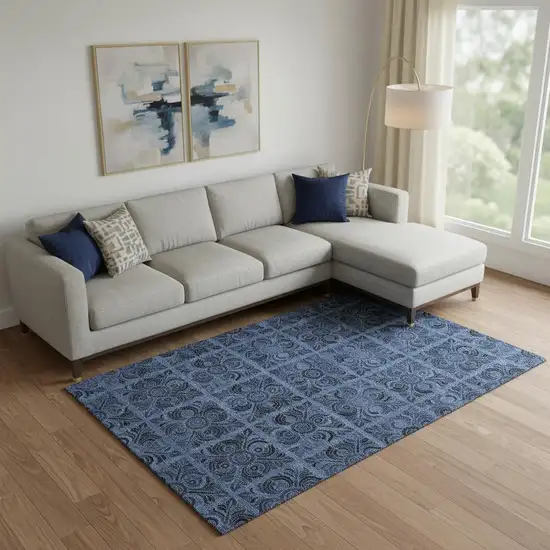 Denim Blue And Charcoal Medallion Washable Area Rug With UV Protection Photo 1