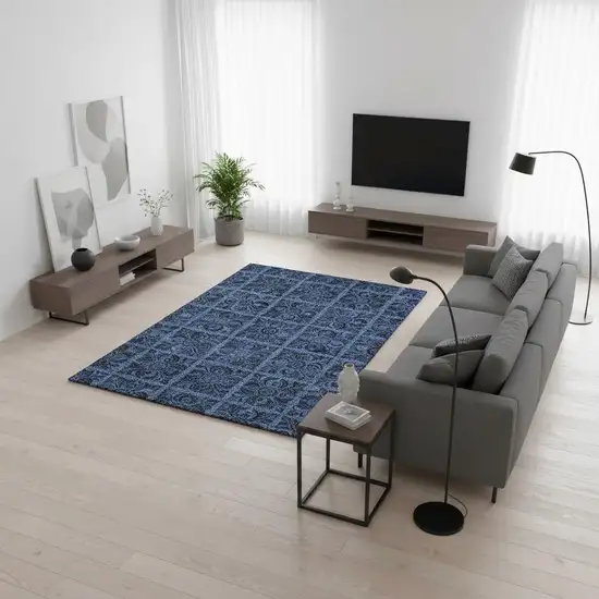 Denim Blue And Charcoal Medallion Washable Area Rug With UV Protection Photo 2