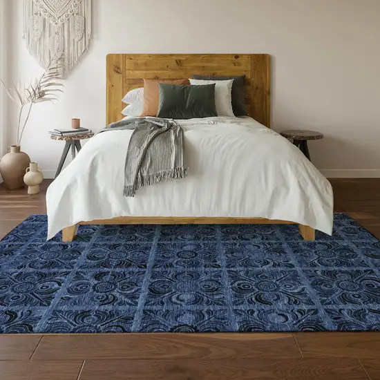 Denim Blue And Charcoal Medallion Washable Area Rug With UV Protection Photo 6