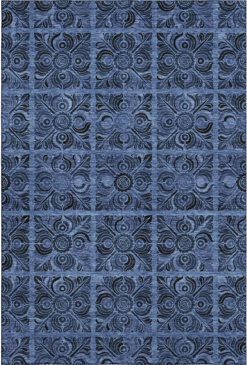 Denim Blue And Charcoal Medallion Washable Area Rug With UV Protection Photo 1