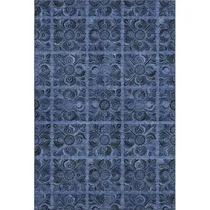 Photo of Denim Blue And Charcoal Medallion Washable Area Rug With UV Protection