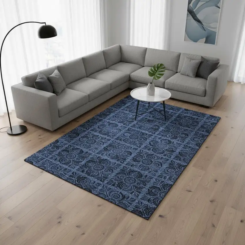 Denim Blue And Charcoal Medallion Washable Area Rug With UV Protection Photo 2