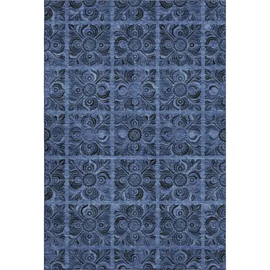 Denim Blue And Charcoal Medallion Washable Area Rug With UV Protection Photo 1