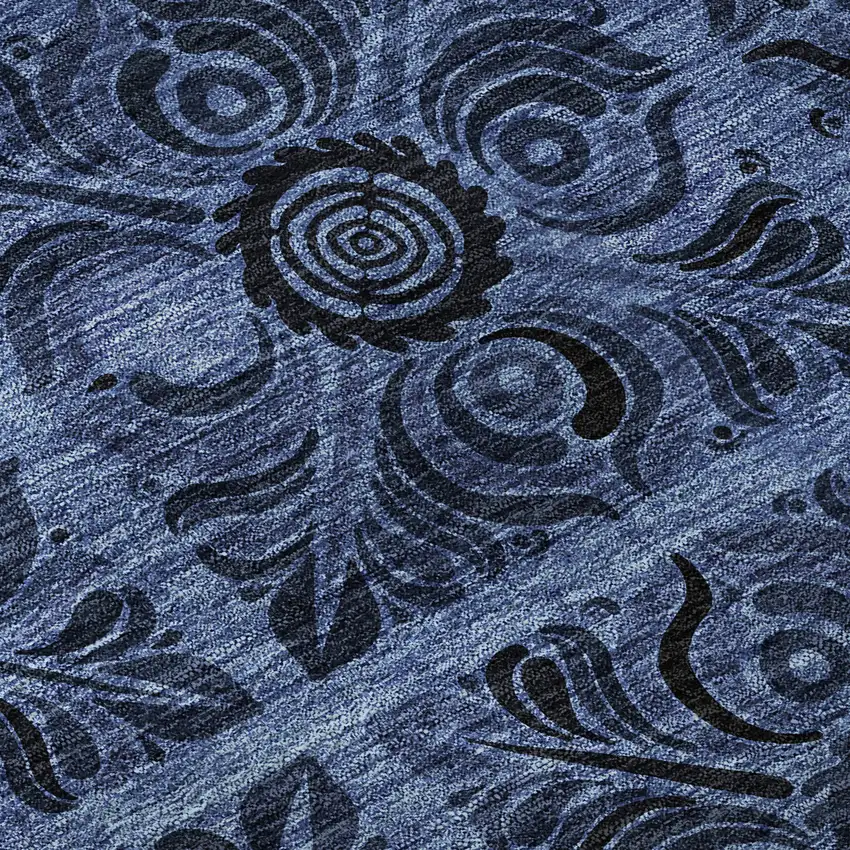 Denim Blue And Charcoal Medallion Washable Area Rug With UV Protection Photo 9