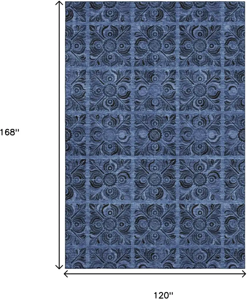 Denim Blue And Charcoal Medallion Washable Area Rug With UV Protection Photo 3
